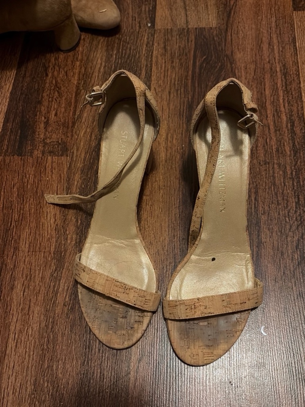 Stuart Weitzman Cork Ankle-Strap Heels in Natural Tan